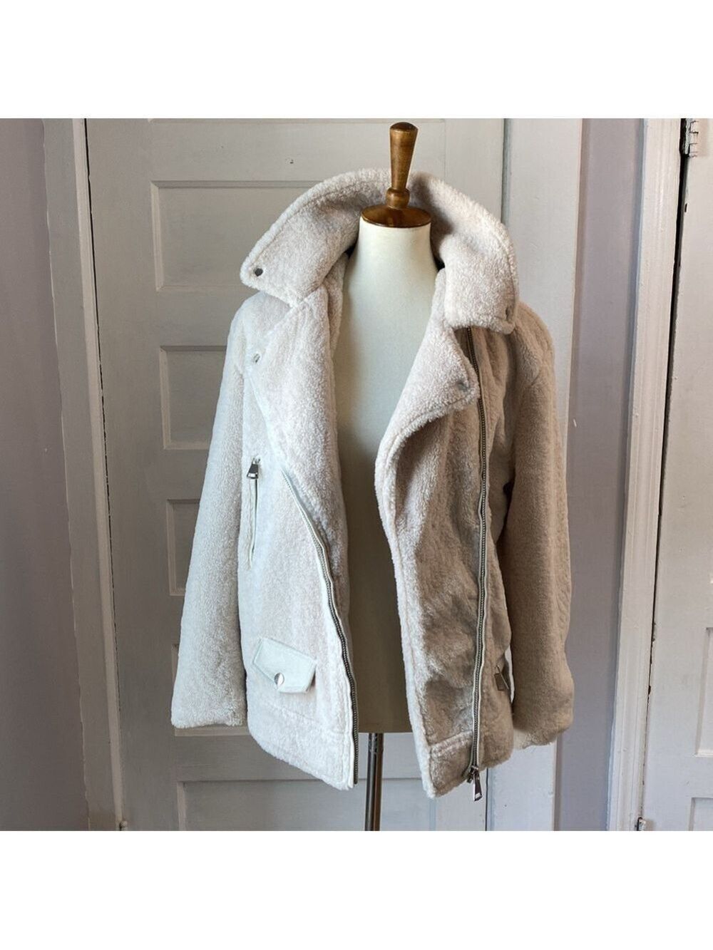 Mango Ivory Faux Shearling Biker Jacket, Size S - Picture 9 of 17